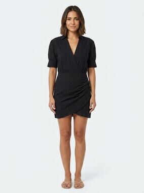 L'Academie Black Deep V-Neck Wrap Puff Sleeve Short Dress Women Size S